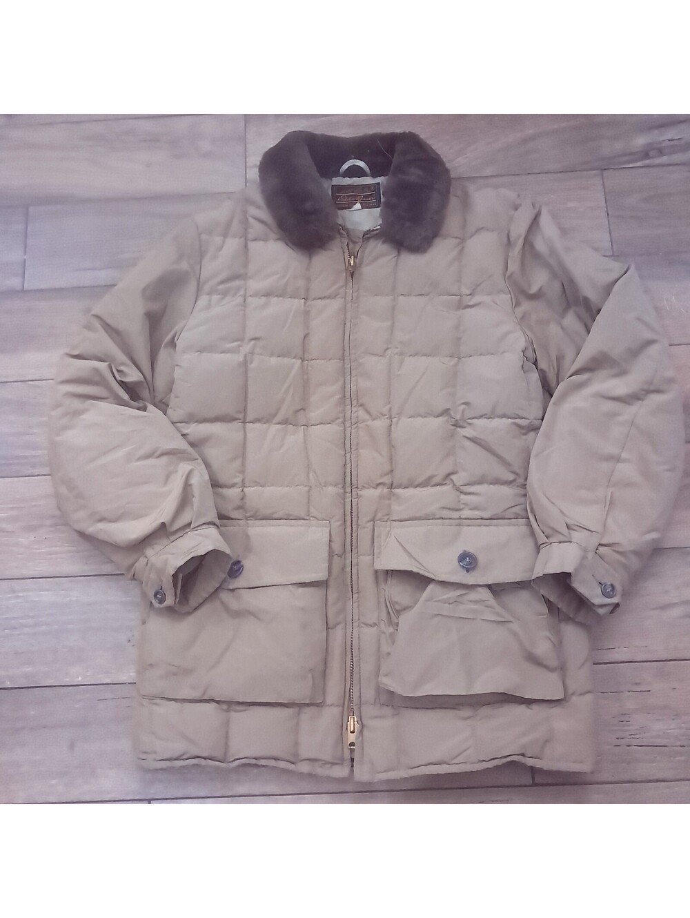 Eddie Bauer Goose Down quilted coat Jacket Men's Tan brown fur Collar Vintage